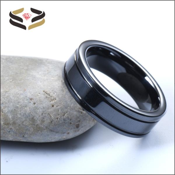 Geometric Black Ceramic Wedding Band Double Grooved Line 6mm For Men Women