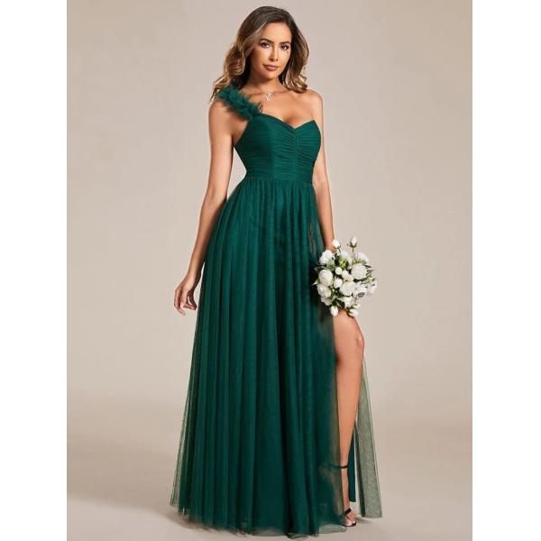 Exquisite One-shoulder Sweetheart Ruffled A-line Zipper Pleated High Slit Dark Green Tulle Party Dress