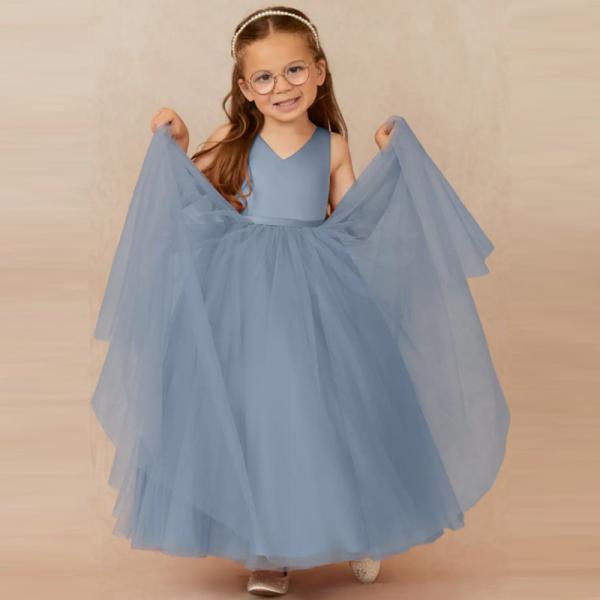 New Design Blue Tulle Flower Girl Dress Children's Dresses Gown V-neck Customized Sleeveless