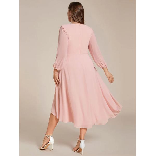 Ruffled A-line Long Sleeve V-neck High-low Wedding Guest Pink Chiffon Prom Dress