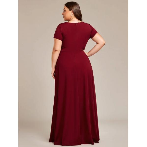 Simple Plus Size V-neck Empire Waist A-line Short Sleeve Zipper Burgundy Chiffon Evening Dress