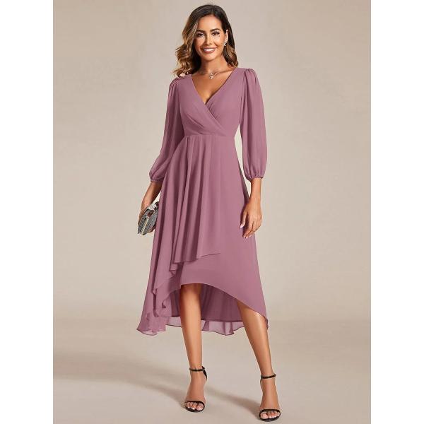 Elegant Empire Long Sleeve V-neck High Low A-line Ruffled Midi Purple Orchid Chiffon Wedding Guest Homecoming Dress