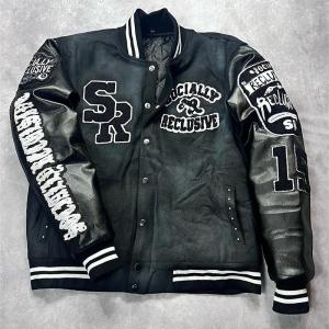 Custom Men Leather Sleeves Chenille Embroidery Black Varsity Jacket Letter