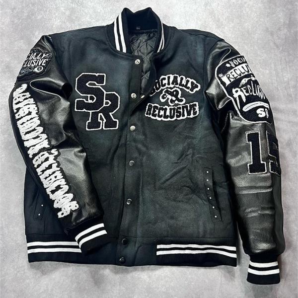 Custom Men Leather Sleeves Chenille Embroidery Black Varsity Jacket Letter