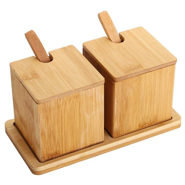 Natural Bamboo Square Salt Spice Herb Dry Storage Box With Lid Spoon 17x7.1x8.2cm