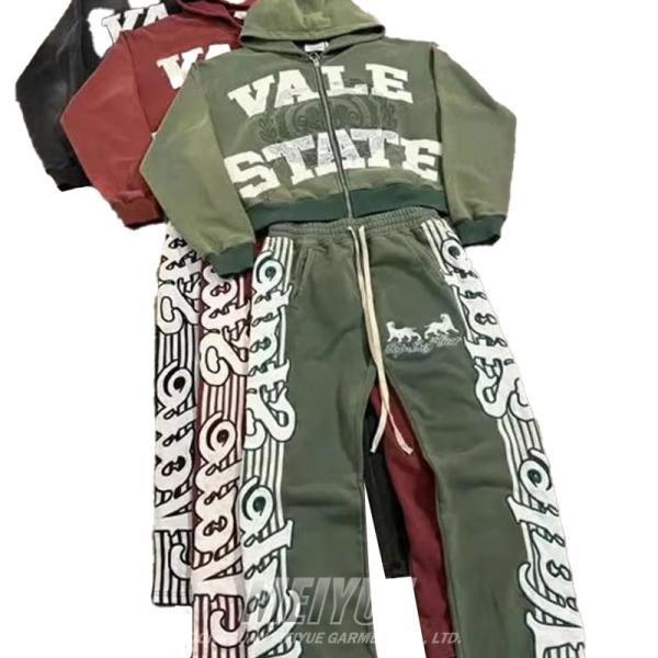 Buy Custom Tracksuits Men Zip up Hoodies Distressed Acid Wash Vintage Screen Print 100% Cotton Flare Sweatpants and Hoodie Set at wholesale prices