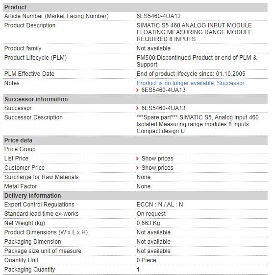 6ES5460-4UA12 6ES5 460-4UA12 Siemens Analog Input Module