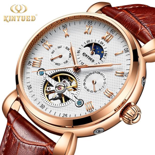 Genuine Leather Mens Winner Automatic Mechanical Watch Moon Phase Automatic