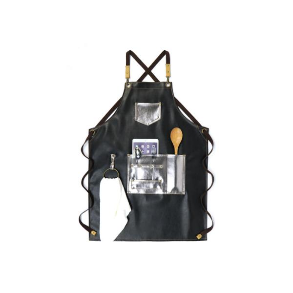 Buy PU Leather Kitchen Cooking Apron Silver And Black Stitching Padded at wholesale prices