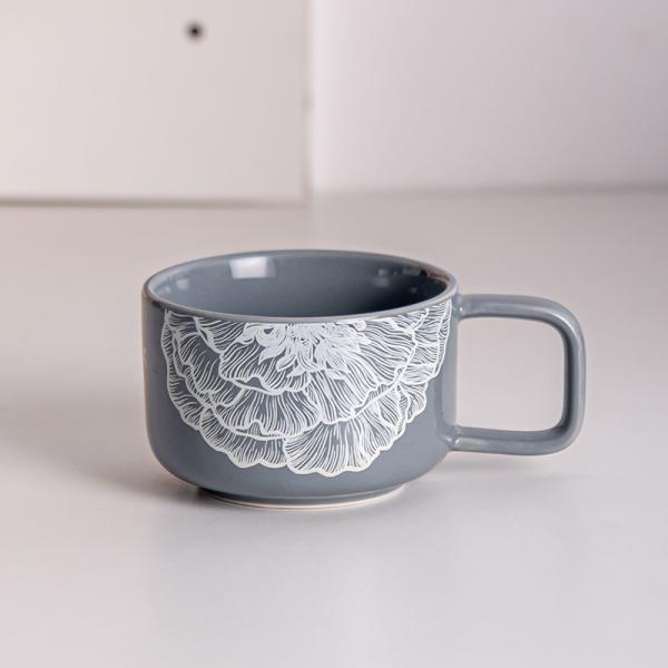 Floral Blue Ceramic Coffee Cup And Wooden Saucer Porcelain Kaffeetasse With Wood Matt