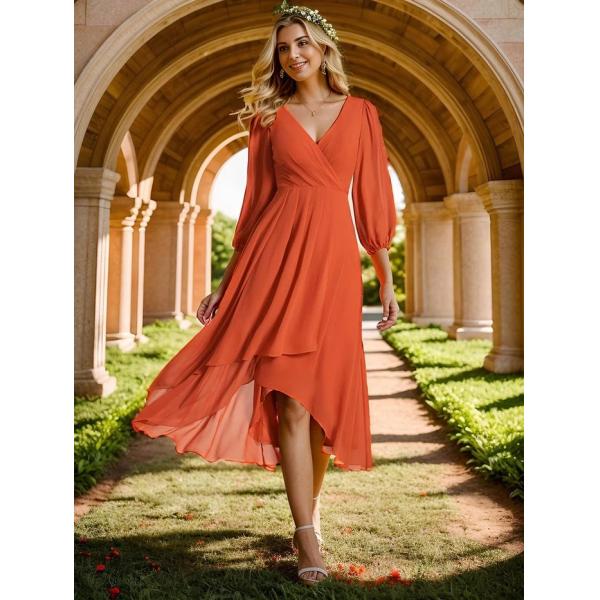 Elegant Empire Long Sleeve V-neck High Low A-line Ruffled Midi Mint Green Chiffon Wedding Guest Evening Dress