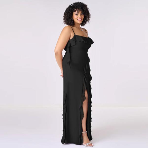 Excellent Plus Size Black Chiffon Bridesmaid Dress Sheath Spaghetti Straps Ruffles Backless Straight Front Split Slit