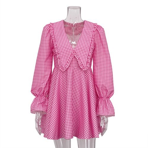 OEM maufactory Cross Border Women'S Pink Polyester Lattice Doll Collar Long Sleeve Dress