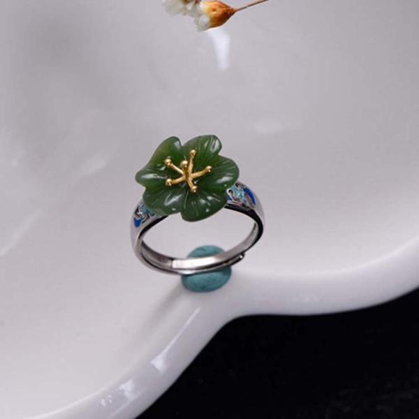 925 Sterling Silver Enamel Natural Jade Ring Open Adjustable Size (059613)