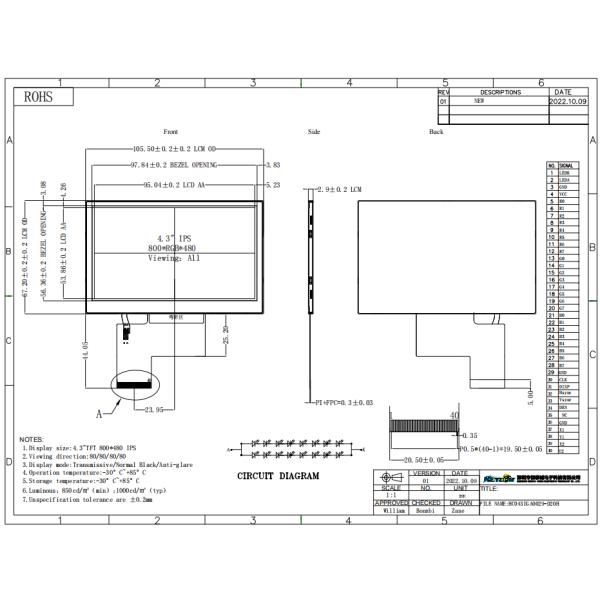 IPS Type 4.3 TFT LCD Module 1200nits High Brightness And Wide Temperature