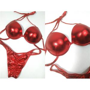 Metallic Red Spandex Figure Bikini Competition Suits Smooth Metallic Fabric