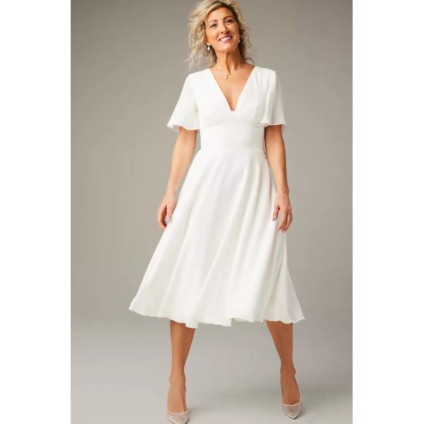 Timeless Zipper Flutter Short Sleeve Empire V-neck Open Keyhole Back A-line White Chiffon Midi-length Wedding Dress