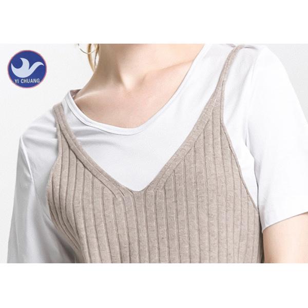 Spaghetti Strap Ribbed Midi Womens Knitted Dresses V Neck Loose Fitting Side Slit