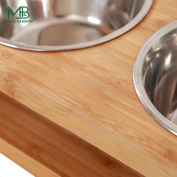 Bamboo Pet Feeder With Double Position Steel Bowls Rectangle