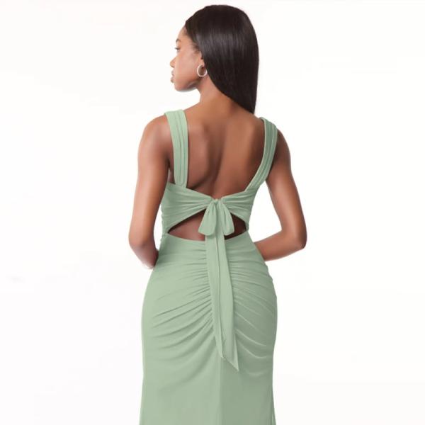 Customized Factory Fitted Ruched Long Bridesmaid Dress Dusty Sage Chiffon Floor-Length Sheath Sleeveless Keyhole