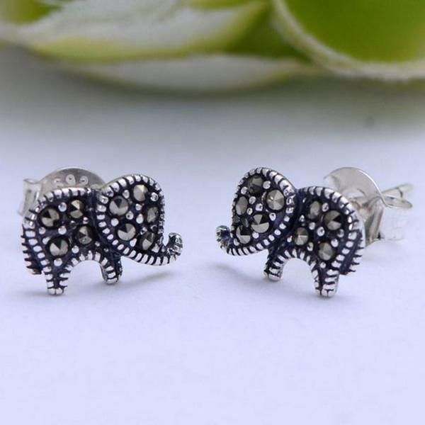 Elephant Shape Thai 925 Silver Marcastie Stud Earrings (XH028447W)