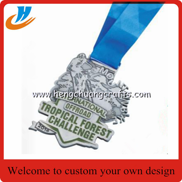 Antique silver 10K Running Medal With ribbon, Finisher metal medal with engrarved logo