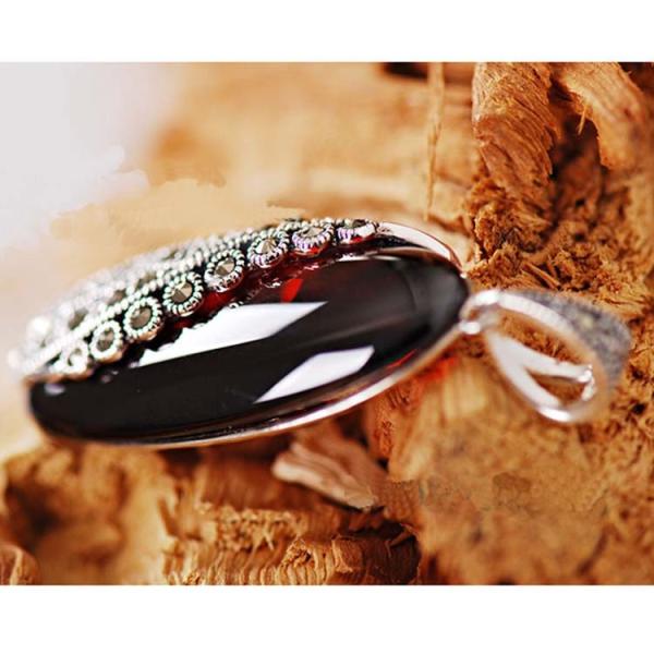 Vintage Thai 925 Silver Garnet Marcasite Pendant and 18 Inches Chain(N11065RED)