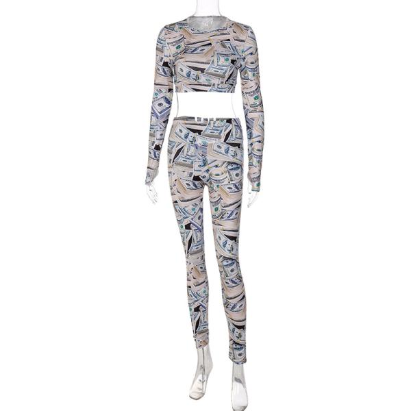 The new 2022 women's fashion casual suit collection women's long-sleeve US dollar printed top and pants can be customized logo