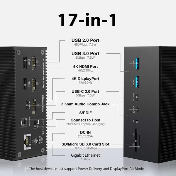 17 In 1 100w Usb C Docking Station PD Fast Charging Charger/PC Host/USB 2.0/3.0