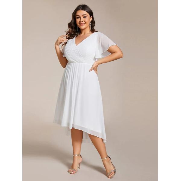 Empire Plus Size V-neck High-low A-line Short Sleeve Ruffled White Chiffon Wedding Guest Graduation Dress