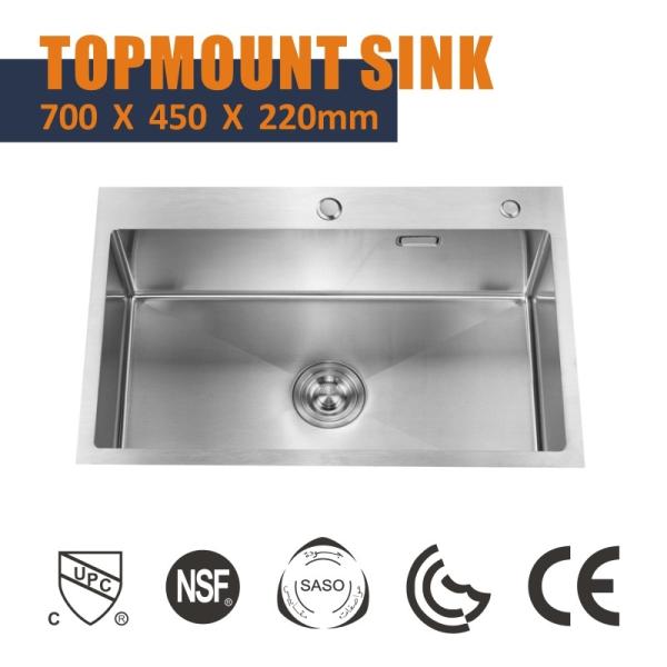 70x45 Topmount Stainless Steel Kitchen Sink Rectangular 16 Gauge Single