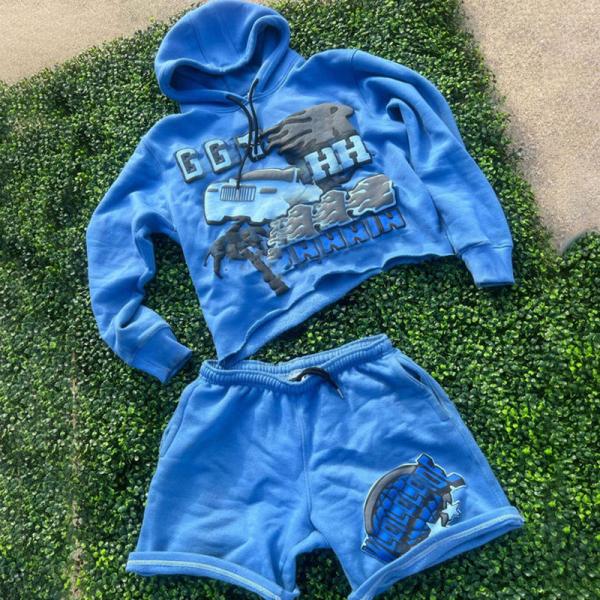 Latest Custom Puff Foem Printing French Terry Unisex Jogger Two Pieces Summer Hoodies Suits and Shorts Set Tracksuit Sweatsuits