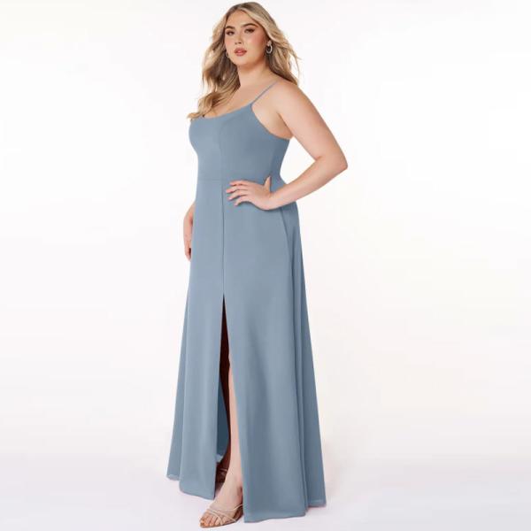 Professional OEM Sky Blue Chiffon Long Bridesmaid Dress Spaghetti Straps Scoop Neck Front Split Slit A-Line for Wedding