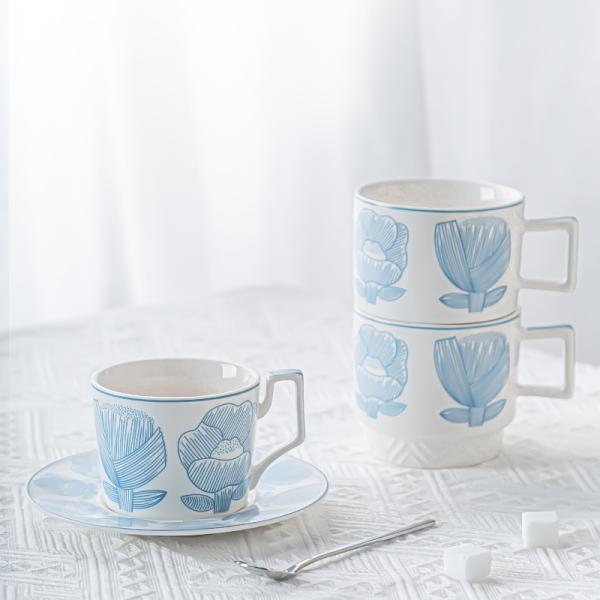 Sustainable Business Gifts European Ceramic Floral Tea Cups And Saucers Set 200ml 300ml