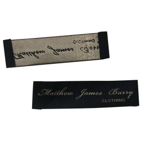 Black 30D yarn printed clothing labels , durable woven clothes labels