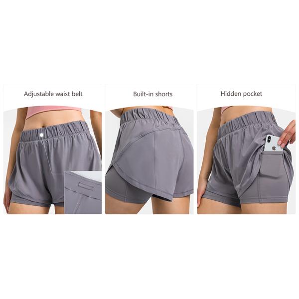 Adjustable Waist High Stretchy Yoga Pocket Shorts Anti Glare Sports Pants Built - In Shorts