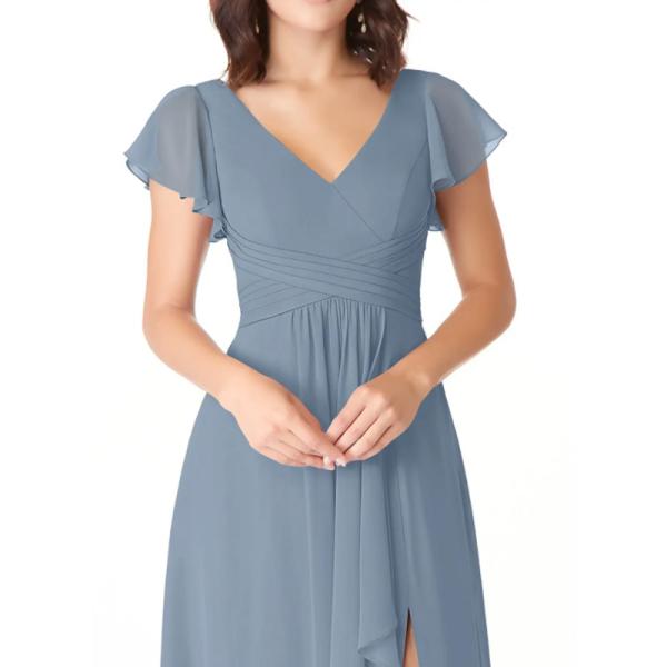 Beautiful Pleated Chiffon Dusty Blue Floor-Length Junior Bridesmaid Dress Cap Sleeve Princess Ruffle