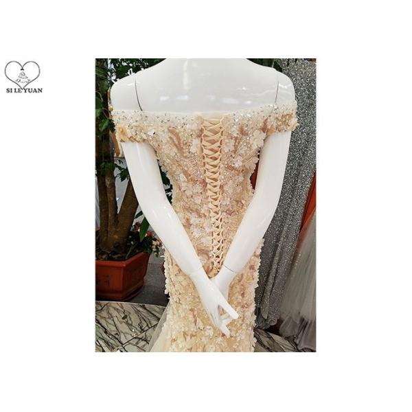 Short Sleeve Champagne Trumpet Prom Dress Lace Flowers With Beads Tulle Train