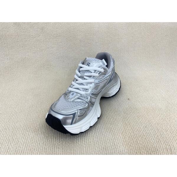 Women white silver sport shoes with thick soled and breathable mesh upper PU