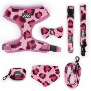 Polyester Leopard Print Pet Harness Sets Logo Adjustable Collar Leash Mesh Dog