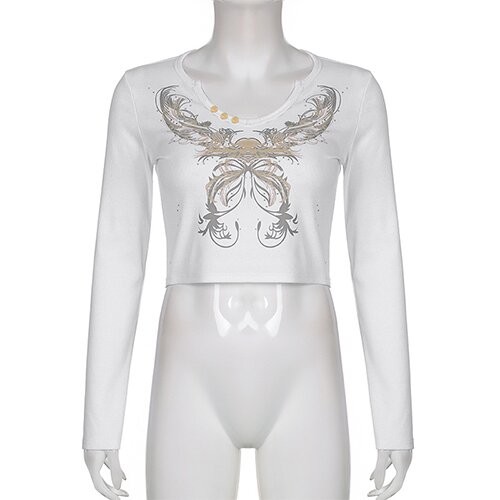 OEM Retro Wind Butterfly Print Long Sleeve T Shirt V Neck Tightened Navel Short