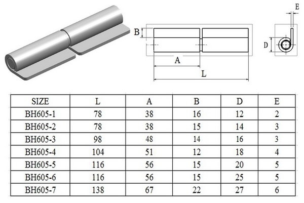 Welding hinge butt hinge BH605, 78mm, 98mm, 104mm, 116mm, 138mm,self color or zinc plating,
