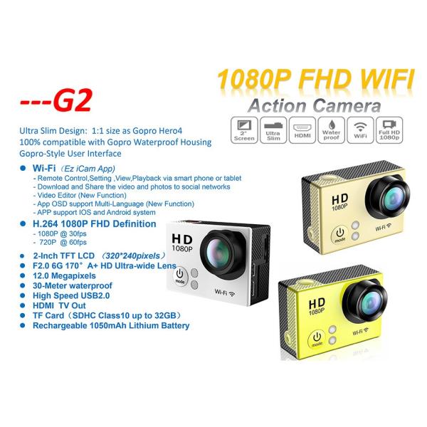 2 Inch Touch Screen 12 Mega Pixels Waterproof 30m G2 Full HD 1080p Action Cam Sport Camera