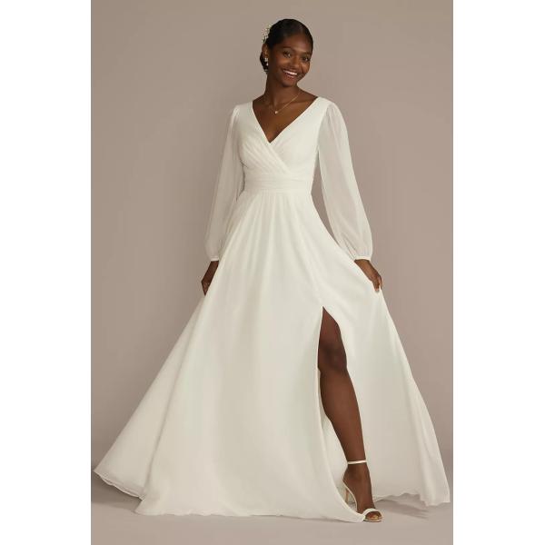 Dreamy Long Billow Sleeve A-line Keyhole Back Zipper V-neck Split Slit Pleated Ivory Chiffon Wedding Dress