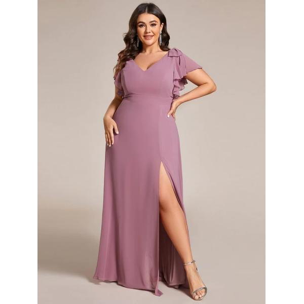 Empire Plus Size Zipper V-neck High Split A-line Short Sleeve Purple Orchid Chiffon Bridesmaid Dress With Ribbon Bow