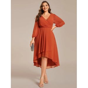 Plus Size Ruffled A-line Long Sleeve V-neck High Low Wedding Guest Burnt Orange