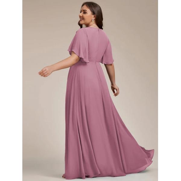 Sexy Empire Applique A-line Short Flutter Sleeves V-neck Invisible Zipper Purple Orchid Chiffon Bridesmaid Dress