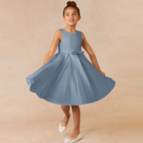 Lovely Girl Kids Dress Blue Satin OEM ODM Baby Flower Girl Dresses Sleeveless Round Neckline Knee-length Ruffles Ball Go