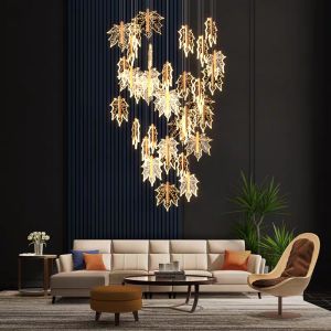 Modern Led Simple Art Leaf Acrylic Chandelier Gold Home Hotel Staircase Dining