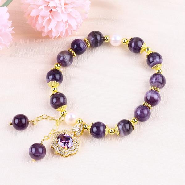 10mm Bead Dream Amethyst Stone Stretch Bracelets With Purple Bling Bling Charm